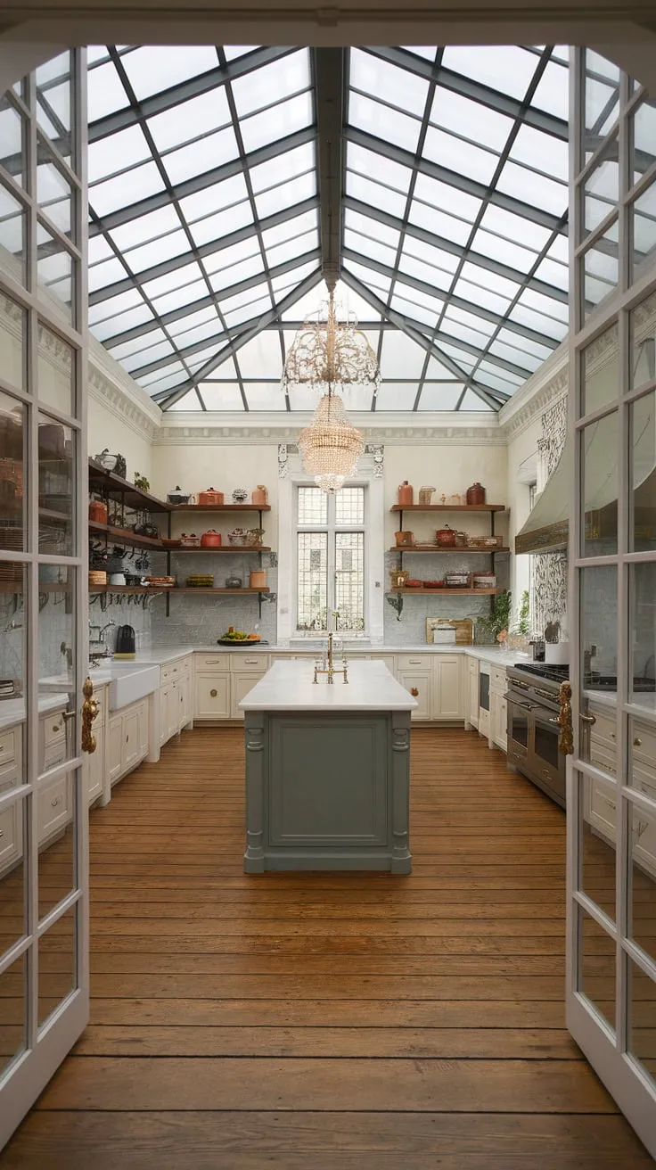 A bright, airy mansion kitchen boasts a Victorian-inspired design, blending modern and traditional elements under a stunning glass ceiling.