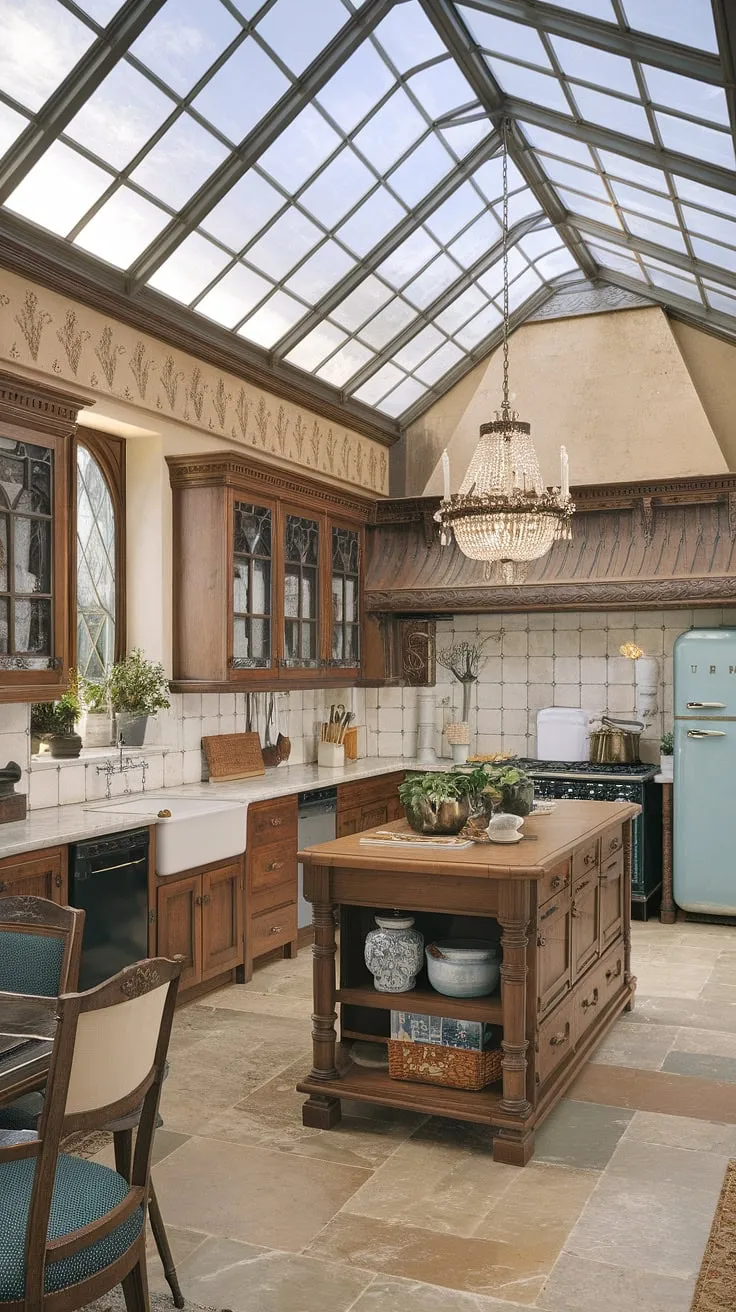 Elegant Victorian kitchen design features a glass ceiling and high-end European appointments