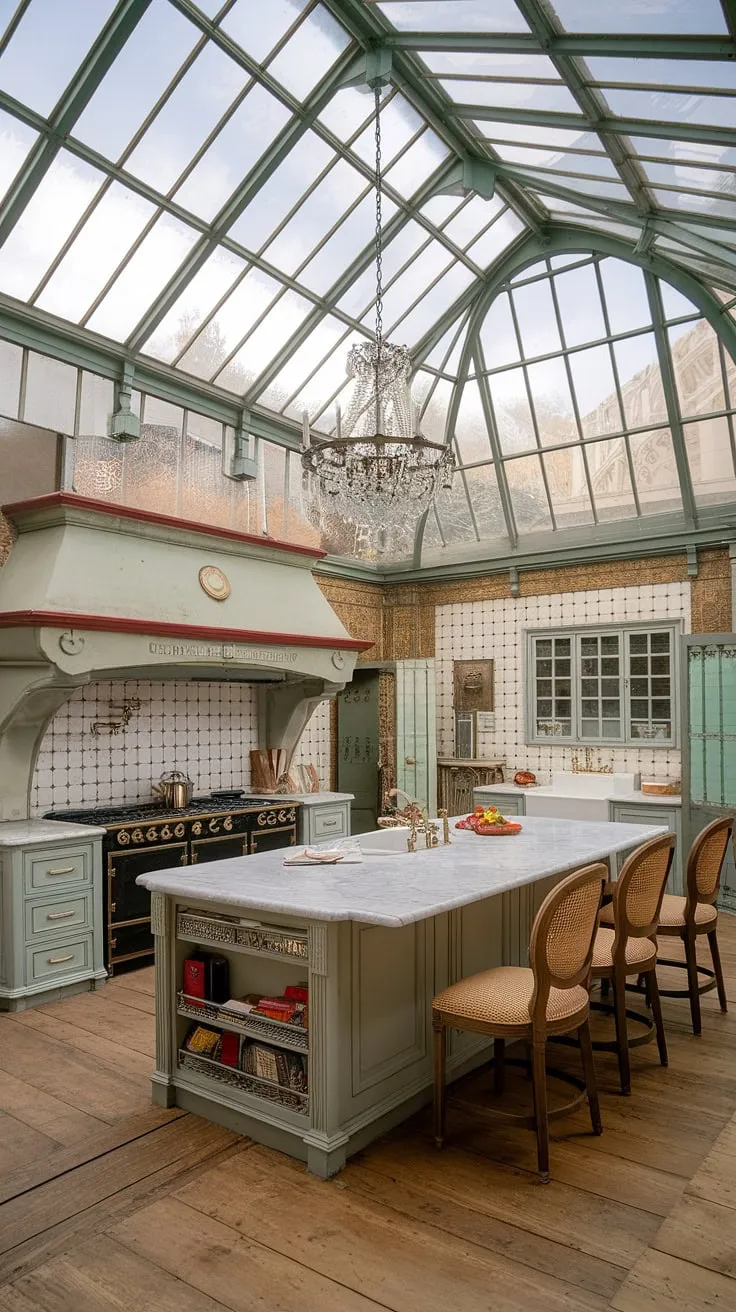 A glass-ceilinged Victorian kitchen features a marble island and ornate tilework, exuding refined grandeur.