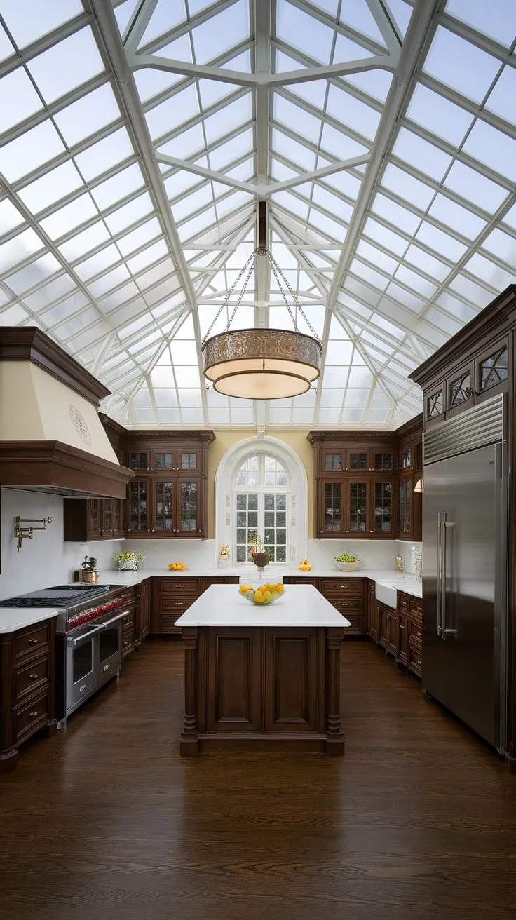 A mansion's European-style kitchen boasts a stunning glass ceiling illuminating dark wood cabinetry and a spacious island.