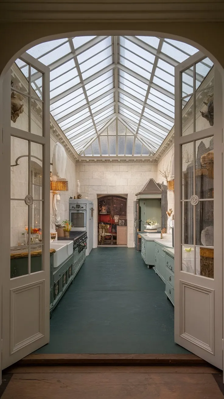 A glass-ceilinged Victorian kitchen, boasting dark green floors and white walls within a castle-like mansion, evokes European elegance