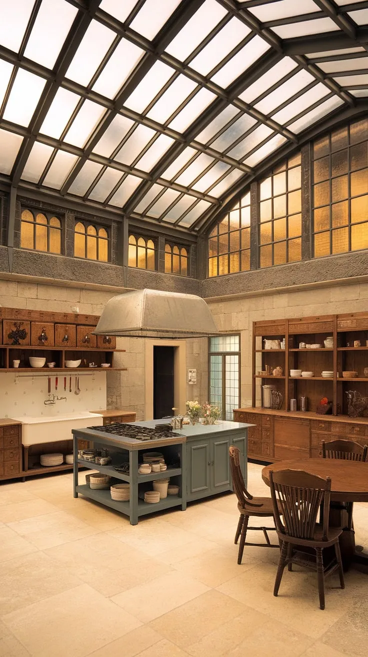 Sunlight streams through a glass ceiling onto a grand Victorian mansion kitchen, illuminating a spacious island and antique wooden cabinetry.