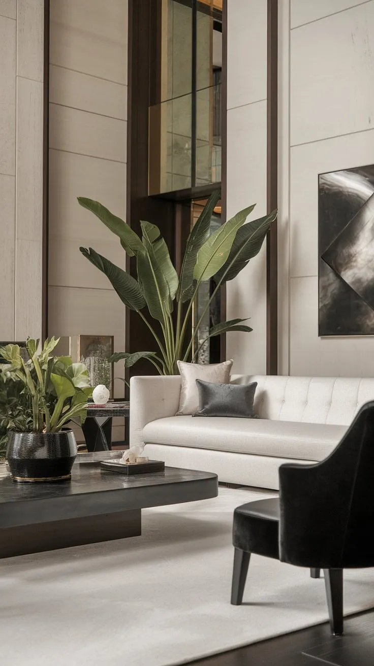A modern mansion's living room boasts a chic white sofa, black accents, and tasteful artwork against a backdrop of pristine white flooring.