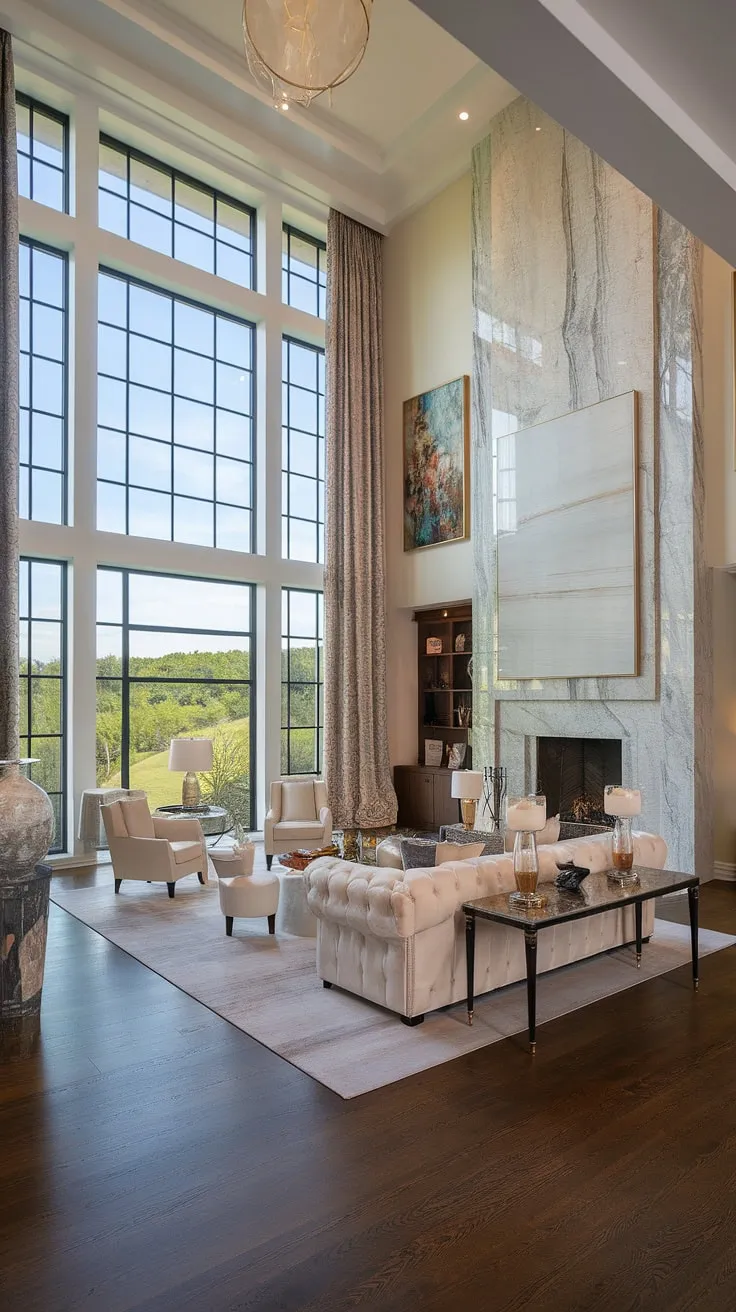 Opulent modern living is showcased in a mansion's expansive, sunlit room.