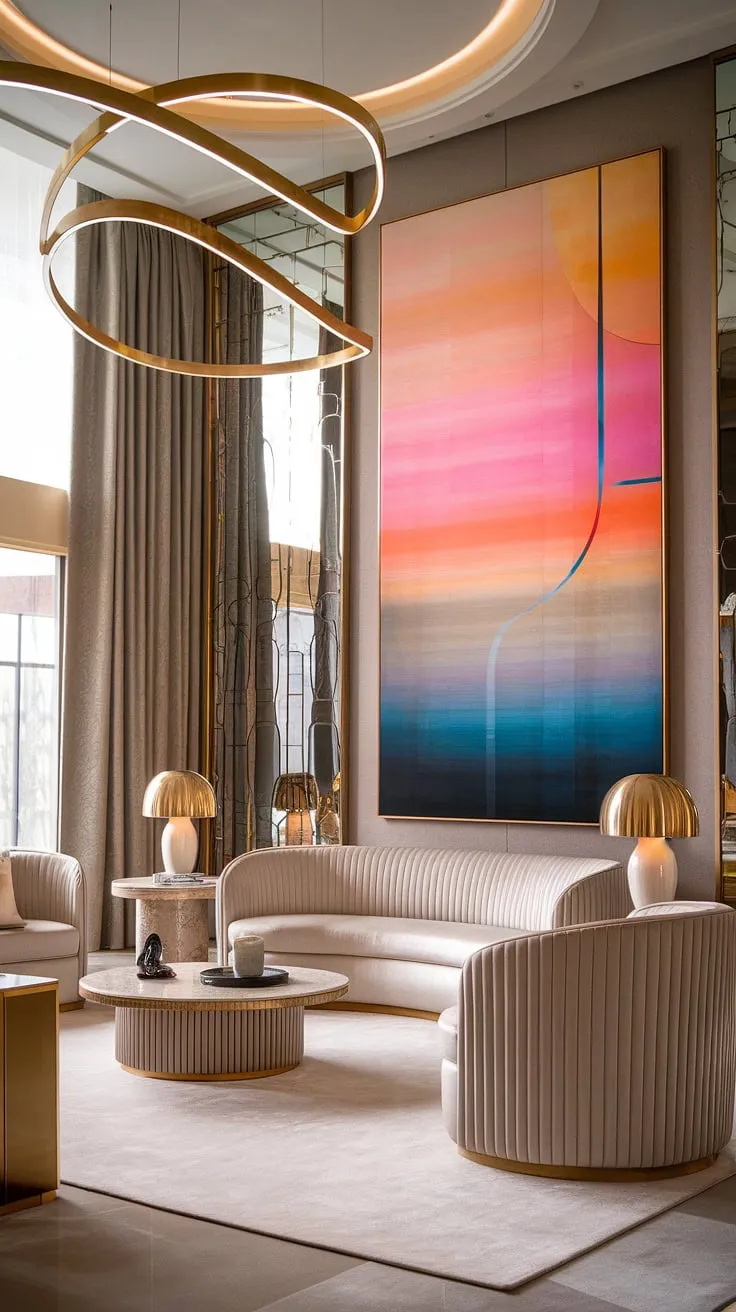 Gold accents and a high ceiling enhance the grand design of this opulent living space.