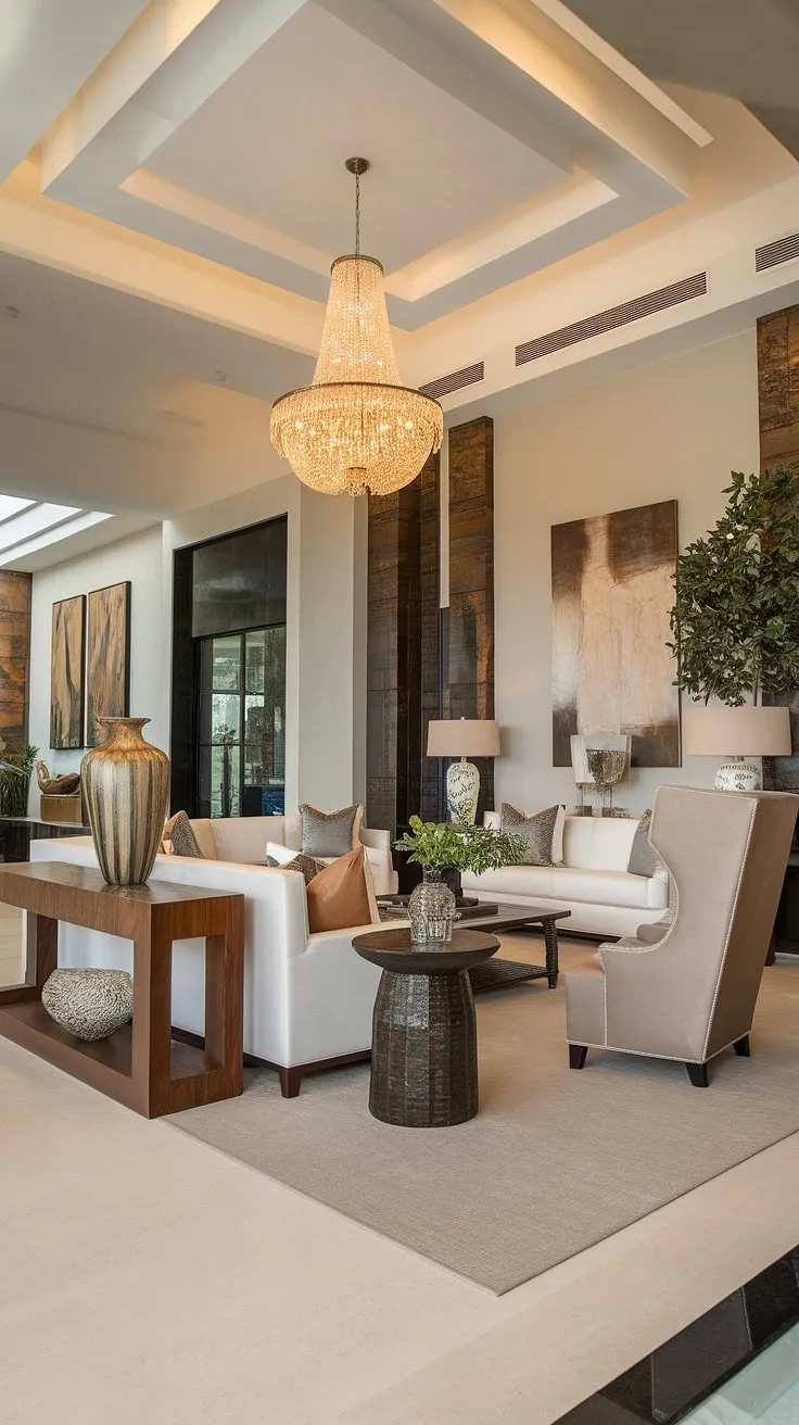 Elegant modern mansion living room boasts high ceilings, luxurious furnishings, and tasteful artwork