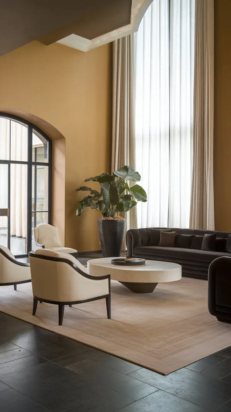 A sophisticated gray and beige palette creates a luxurious atmosphere in this modern mansion's living room.