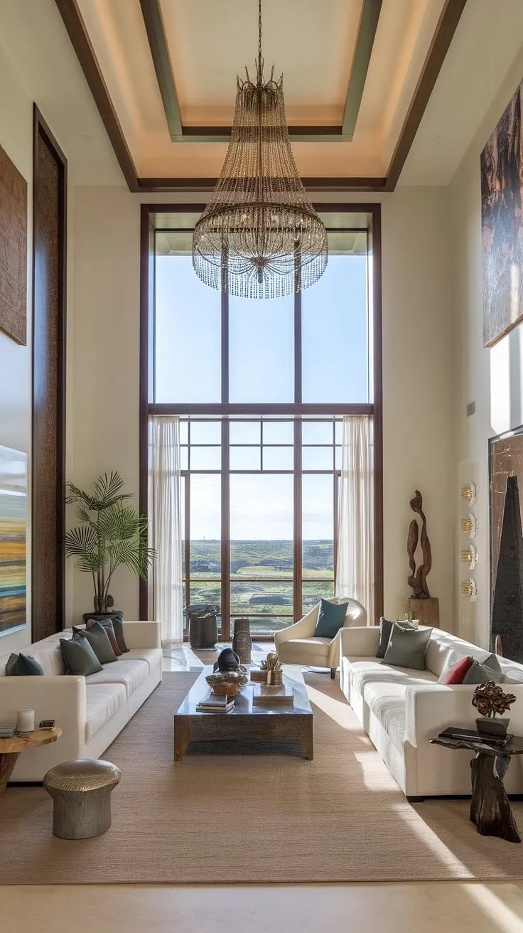 A grand mansion living room boasts high ceilings, a plush white sofa, and breathtaking views through a large window.