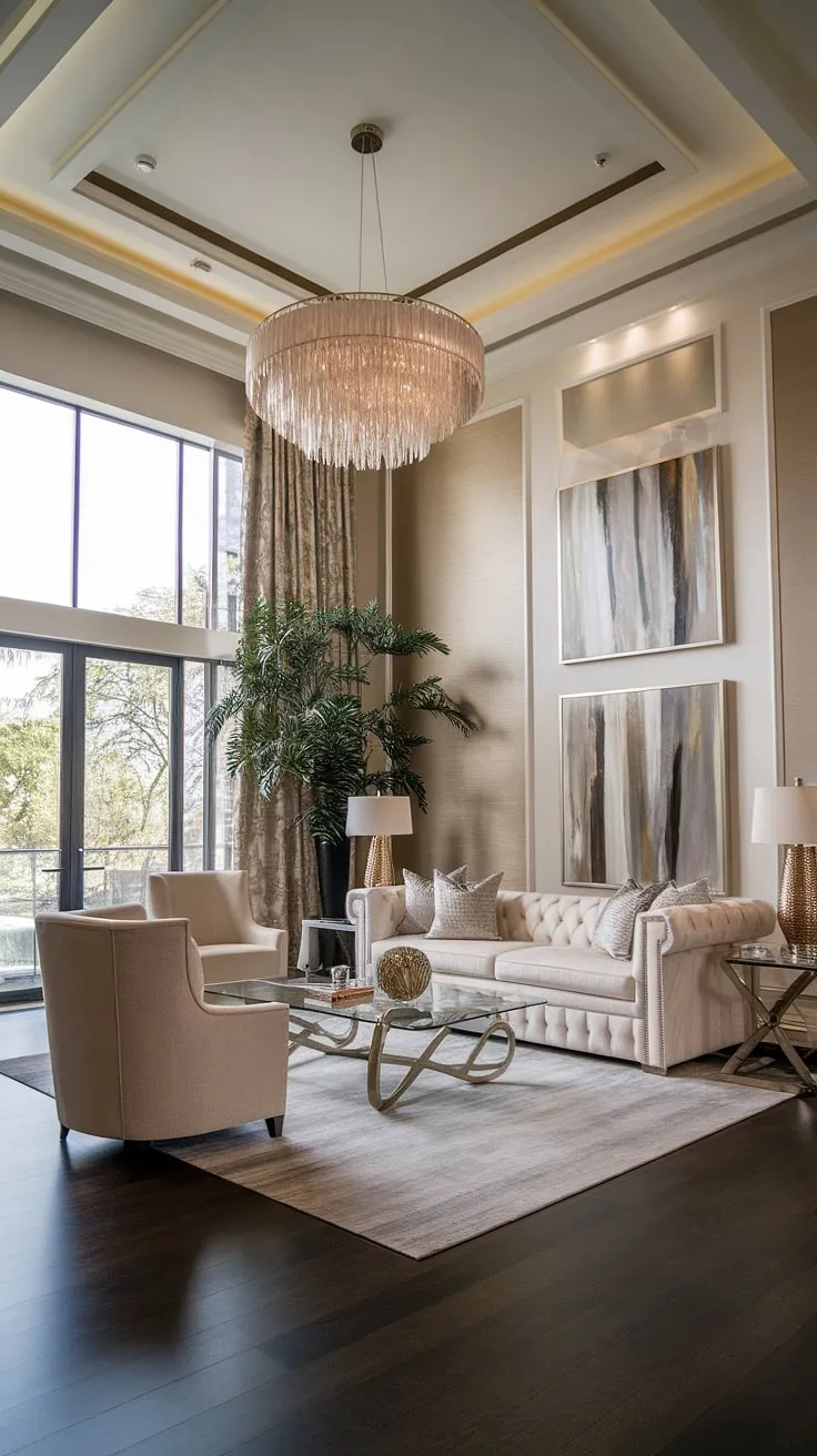 A grand mansion living room boasts high ceilings, a dazzling chandelier, plush furnishings, and abstract art against a backdrop of dark wood floors.