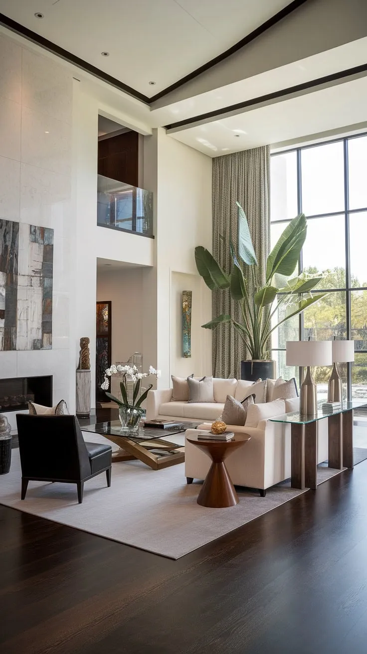 High ceilings and tasteful furnishings create a sophisticated atmosphere in this opulent living space