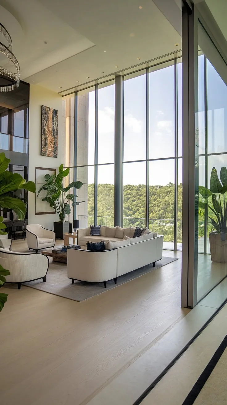 Elegant modern living unfolds in a sunlit mansion showcasing lush greenery and tasteful décor