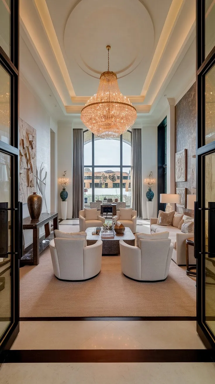 A grand chandelier illuminates a plush white sofa and tasteful art within a modern mansion's high-ceilinged living room.