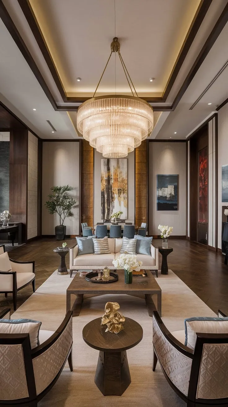 A high-ceilinged living room exudes opulence with its modern design and lavish furnishings.