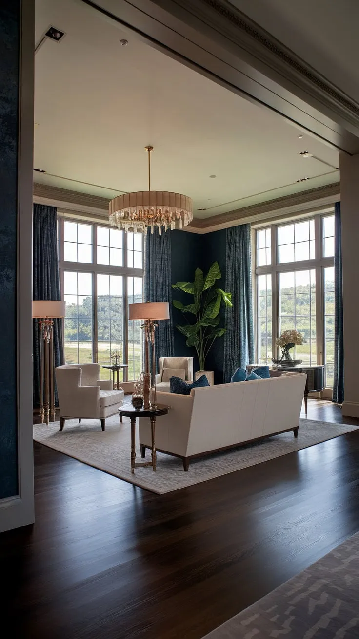 A luxurious mansion living room boasts a grand design, opulent seating, and stunning views.