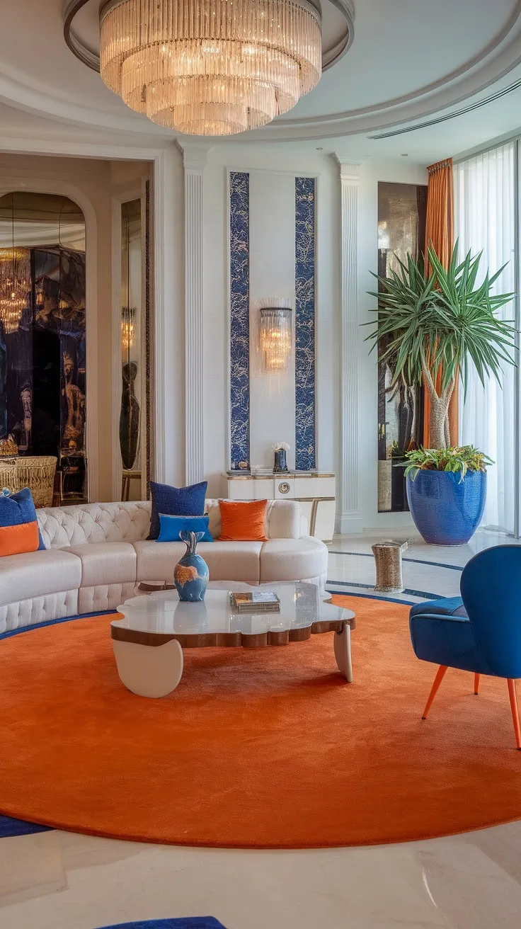A lavish living room showcases a vibrant color palette in a modern mansion design.