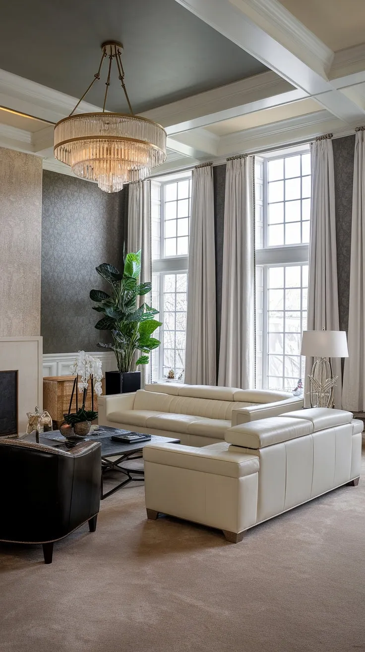 A modern mansion's living room exudes opulence with its high ceilings,  chandelier, and luxurious leather seating.