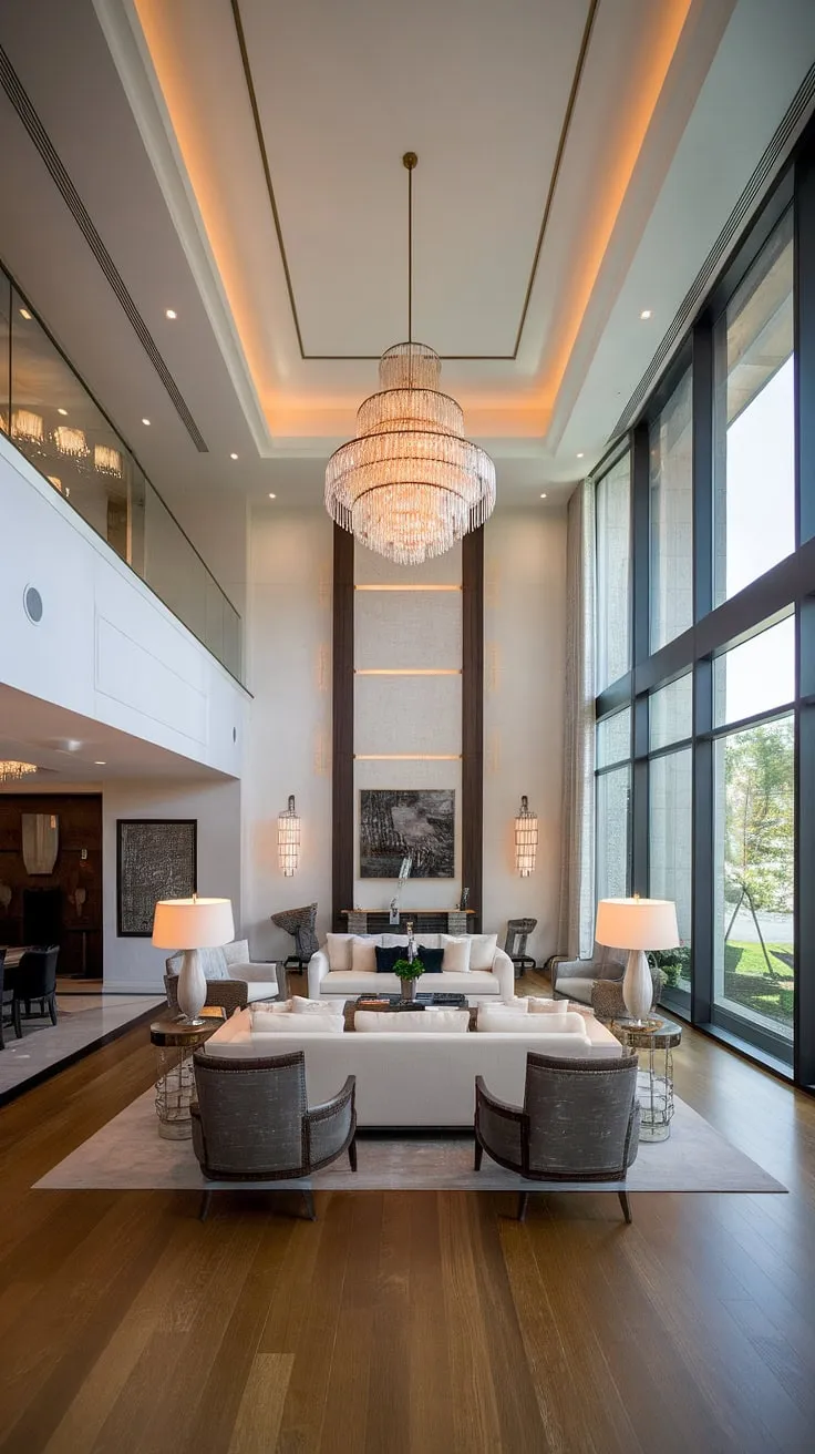 A luxurious mansion's living room boasts high ceilings, natural light, and exquisite décor.