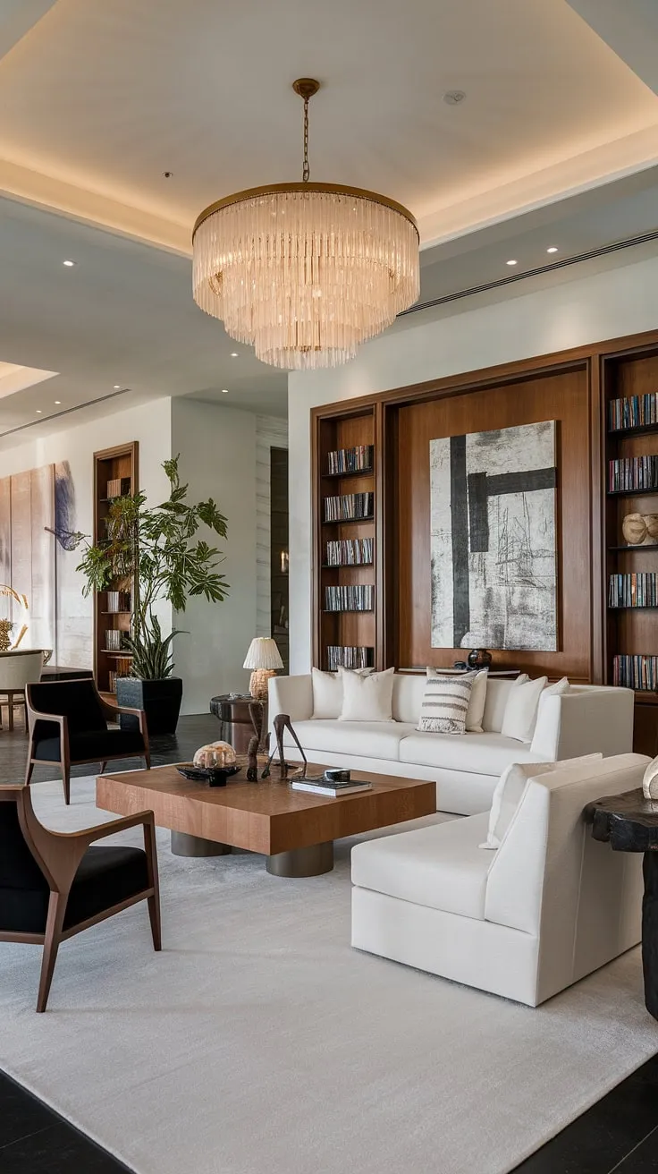 A grand mansion living room boasts high ceilings, a dazzling chandelier, and elegant furnishings, creating a space of refined luxury.