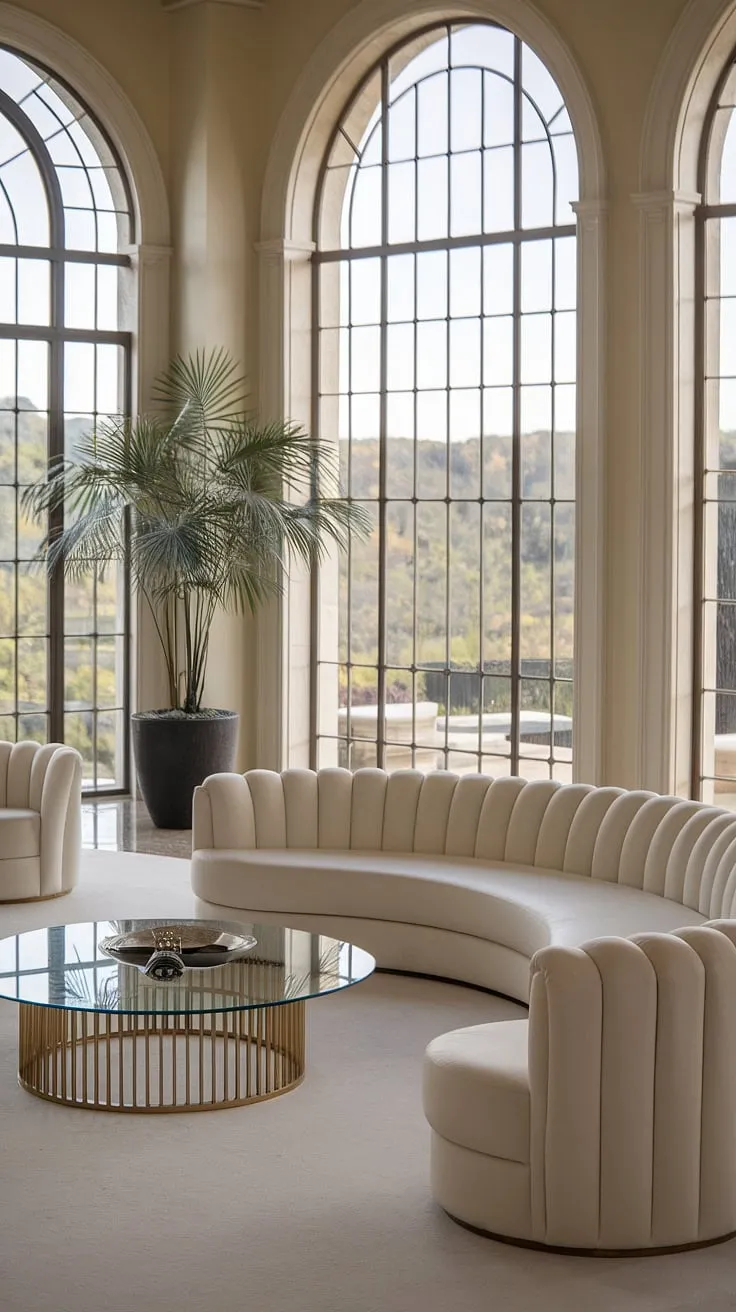 Opulent modern design and lush landscape views define this mansion's luxurious living room.