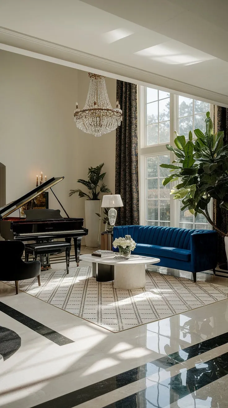 Elegant luxury fills a mansion's sunlit living room, showcasing a grand piano and plush furnishings.