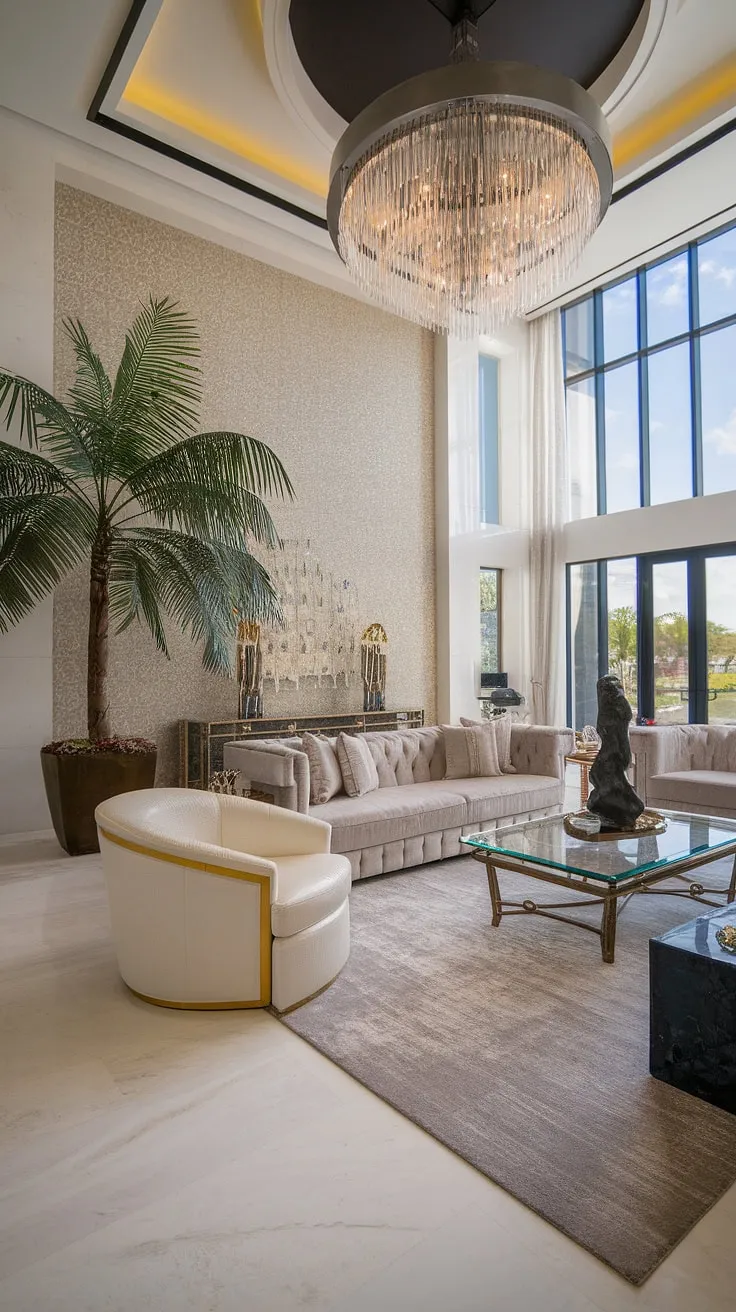 Opulent design elements create a luxurious and airy living space