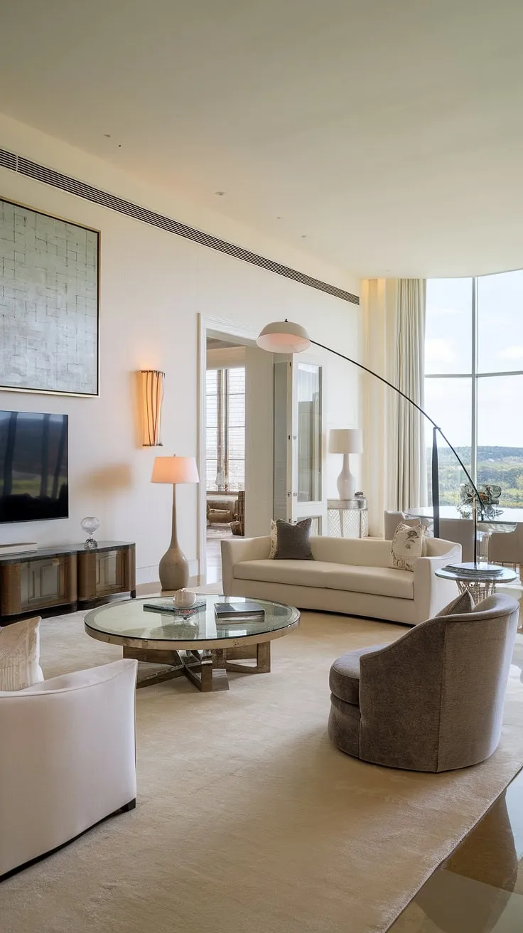 A grand, bright living room showcases modern design and breathtaking views.