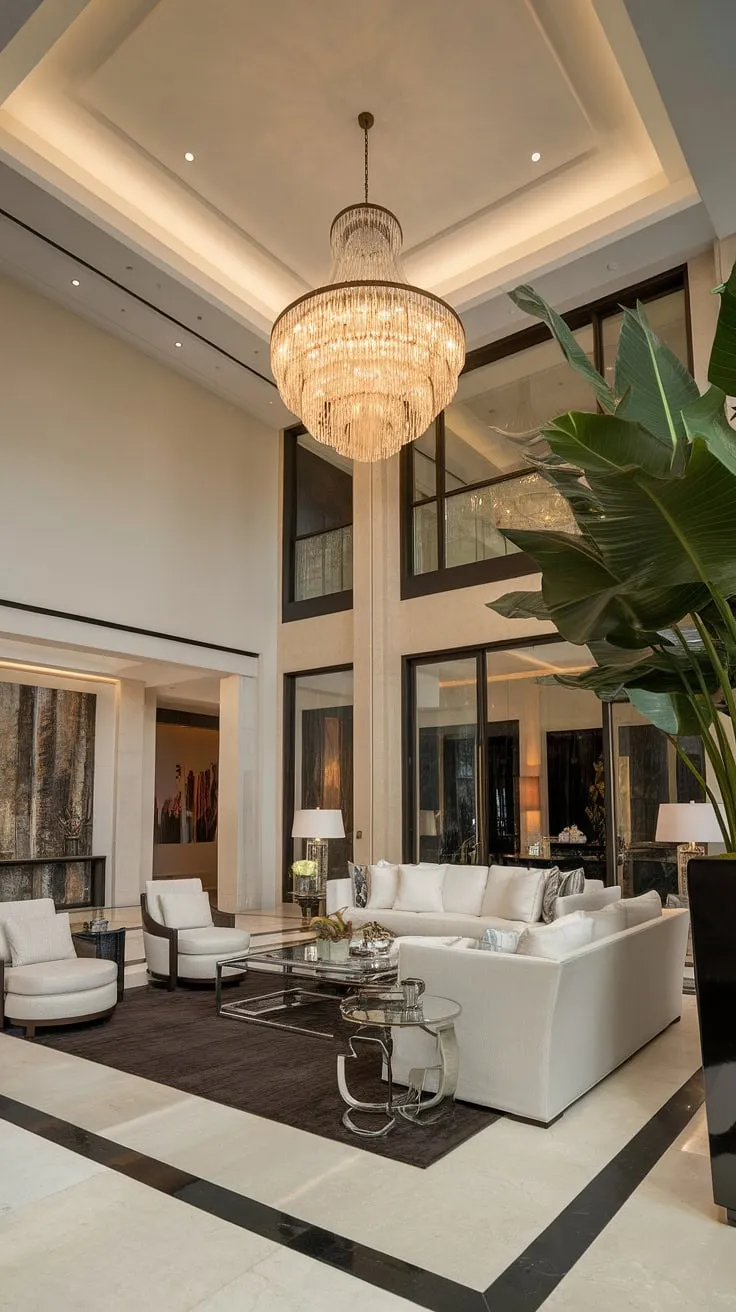 A grand mansion living room boasts high ceilings, a dazzling chandelier, and elegant furnishings arranged on a dark rug.
