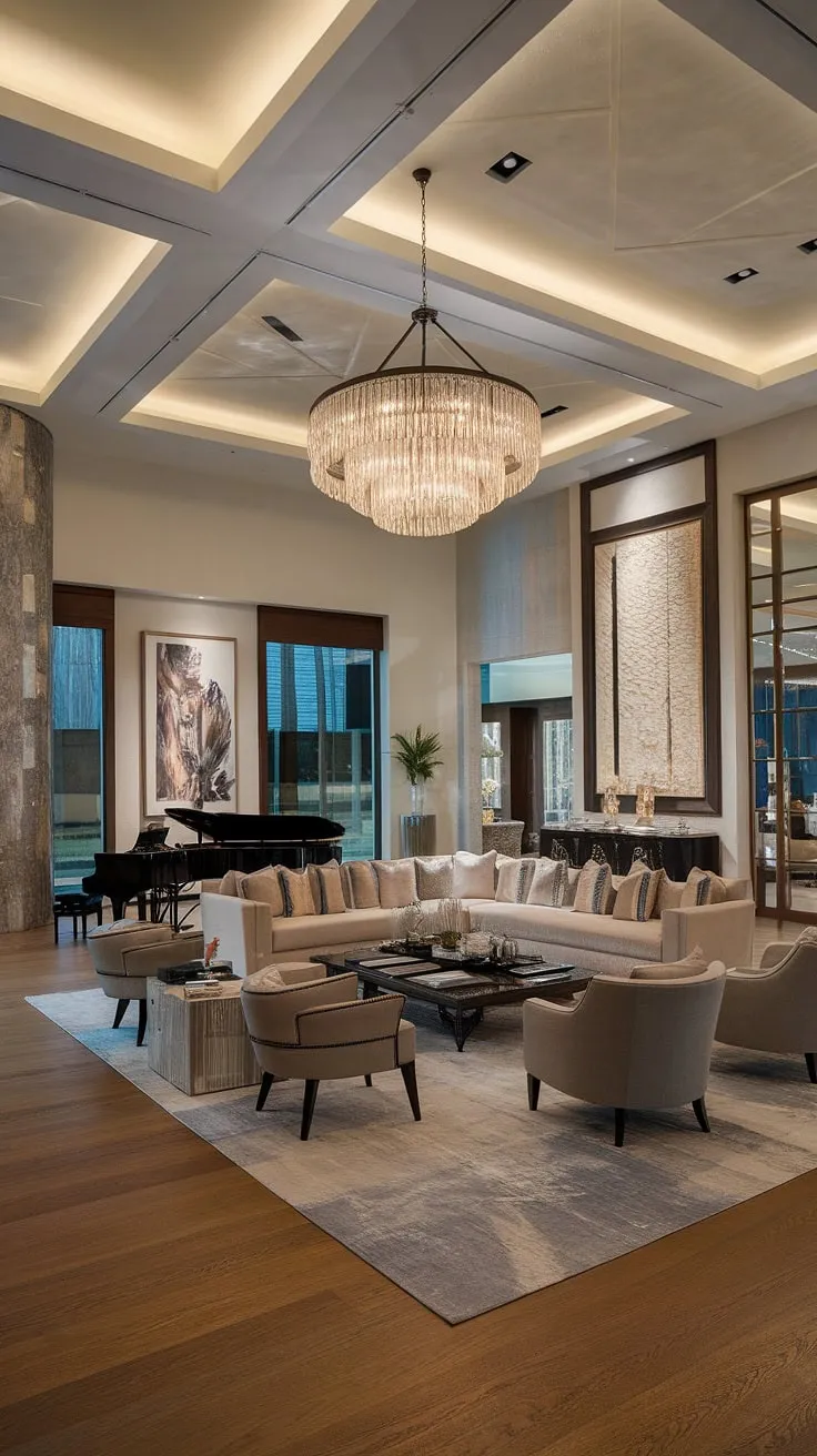Opulent elegance defines this modern mansion's living room, showcasing high ceilings, a grand piano, and exquisite artwork