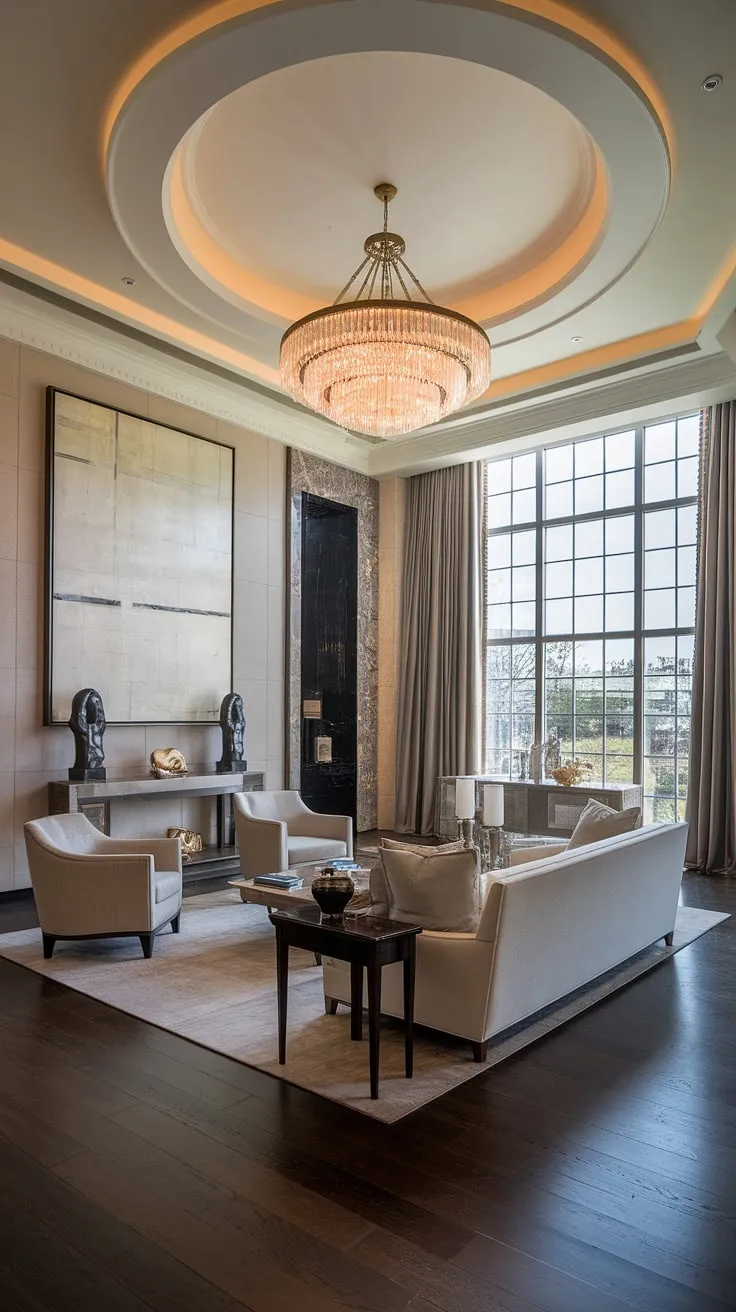 Opulent modern design elevates a mansion's living room with high ceilings and elegant furnishings