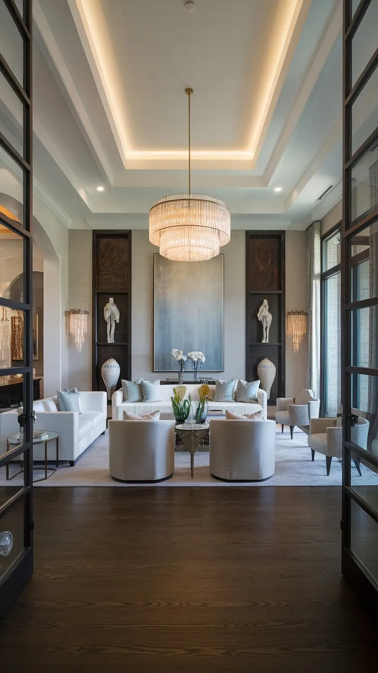 High ceilings and a chic white sofa highlight the mansion's opulent living space