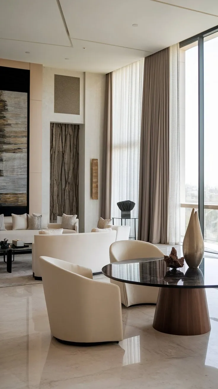 A sprawling white marble living room in a modern mansion boasts a luxurious aesthetic with a glass-topped table and elegant furnishings.