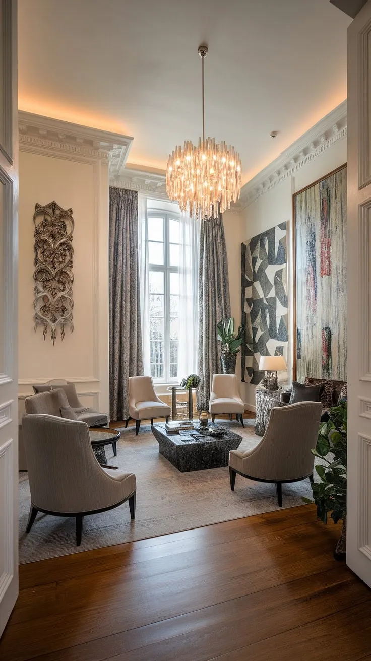 A modern mansion boasts a lavish living room, complete with artwork, a chandelier, and expansive windows.