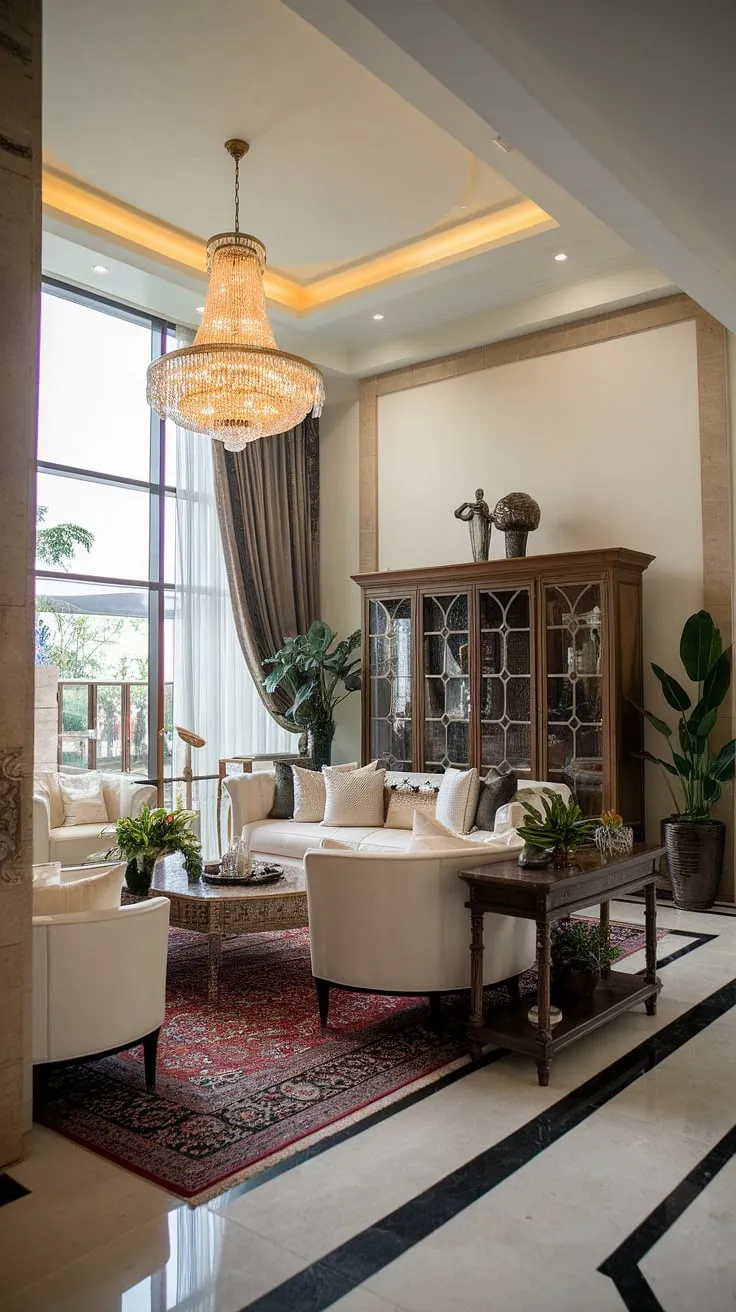 A luxurious living room exudes elegance and sophistication in a modern mansion.
