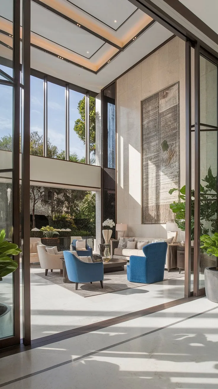 A modern mansion's airy living room exudes opulence with natural light and stylish furnishings