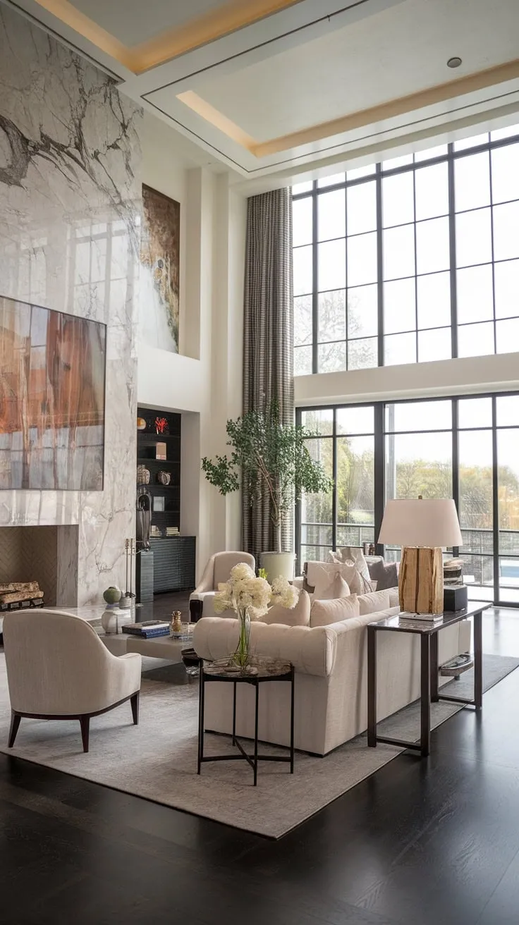 High ceilings and marble accents define the elegant space's luxurious feel