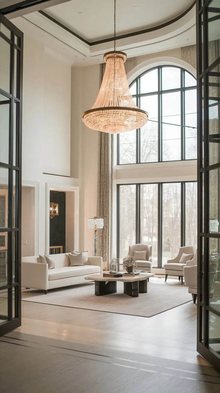 High ceilings and a large window bathe this modern mansion's opulent living room in light.