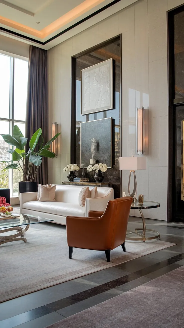 Elegant modern design defines this luxurious living room, showcasing high ceilings and sophisticated furnishings