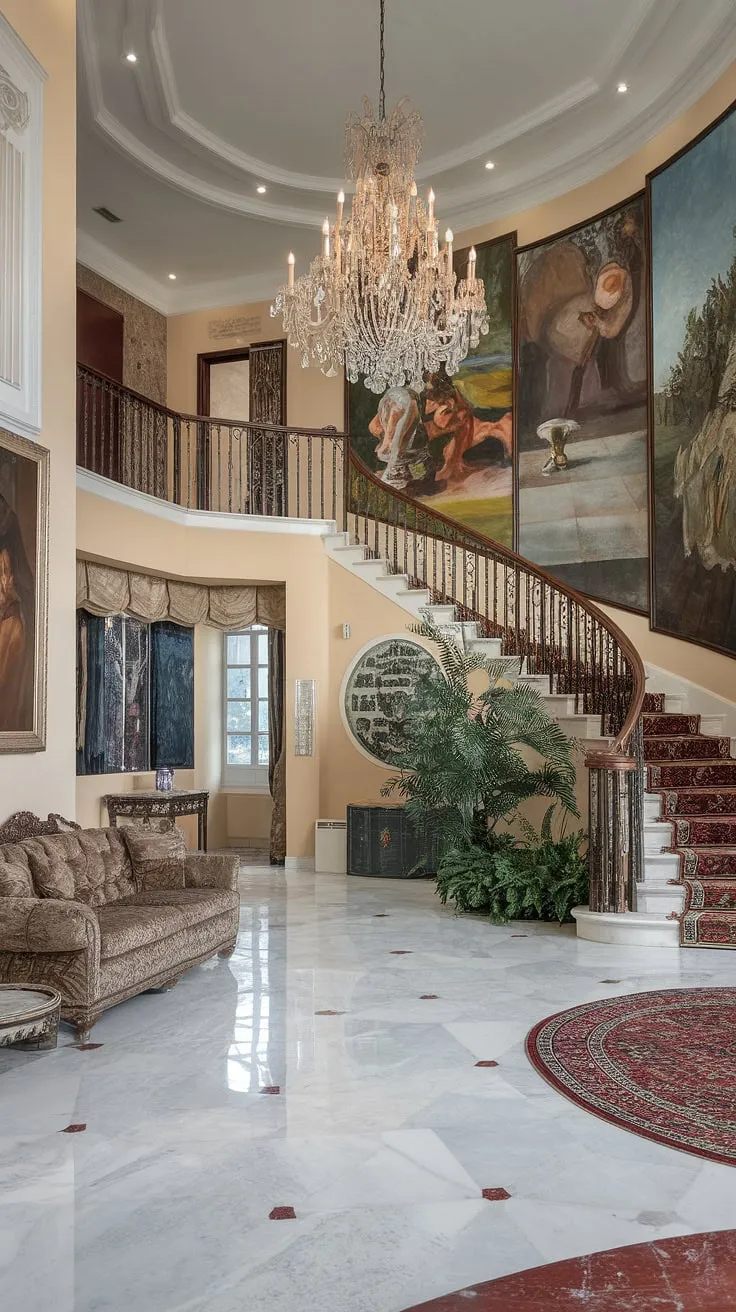 A lavish mansion boasts a stunning grand staircase and opulent decor.