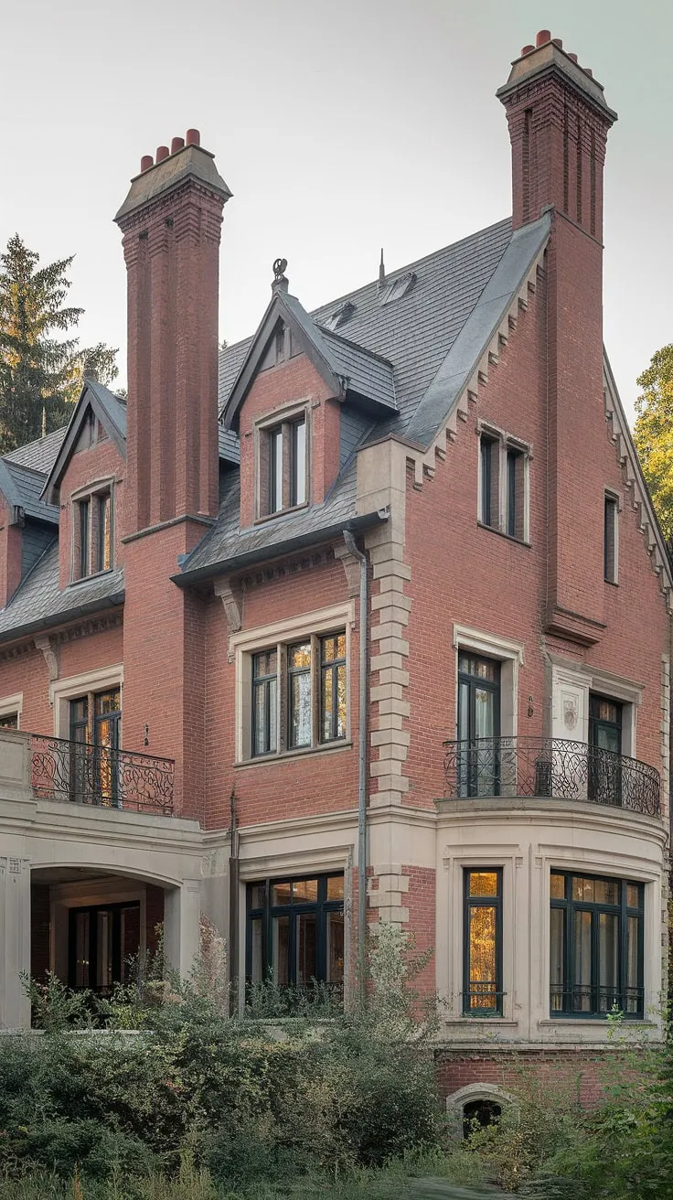 A grand red brick mansion, crowned with multiple chimneys and a steeply pitched roof, stands majestically amidst verdant landscaping.