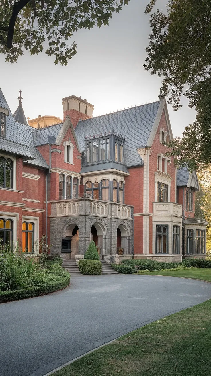 A grand estate blends Gothic and Classical elements, its red brick exterior and slate roof hinting at lavish interiors.