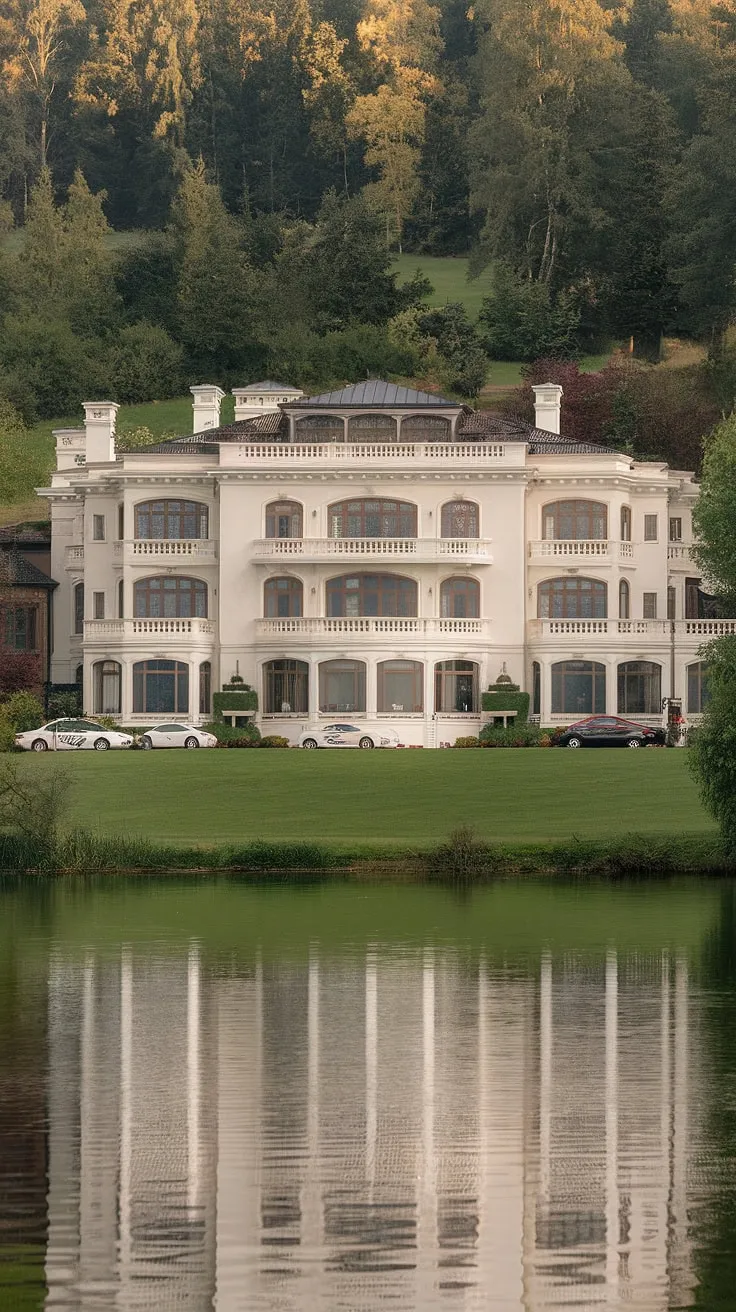 Opulent white mansion reflects in a tranquil lake, showcasing extravagant wealth