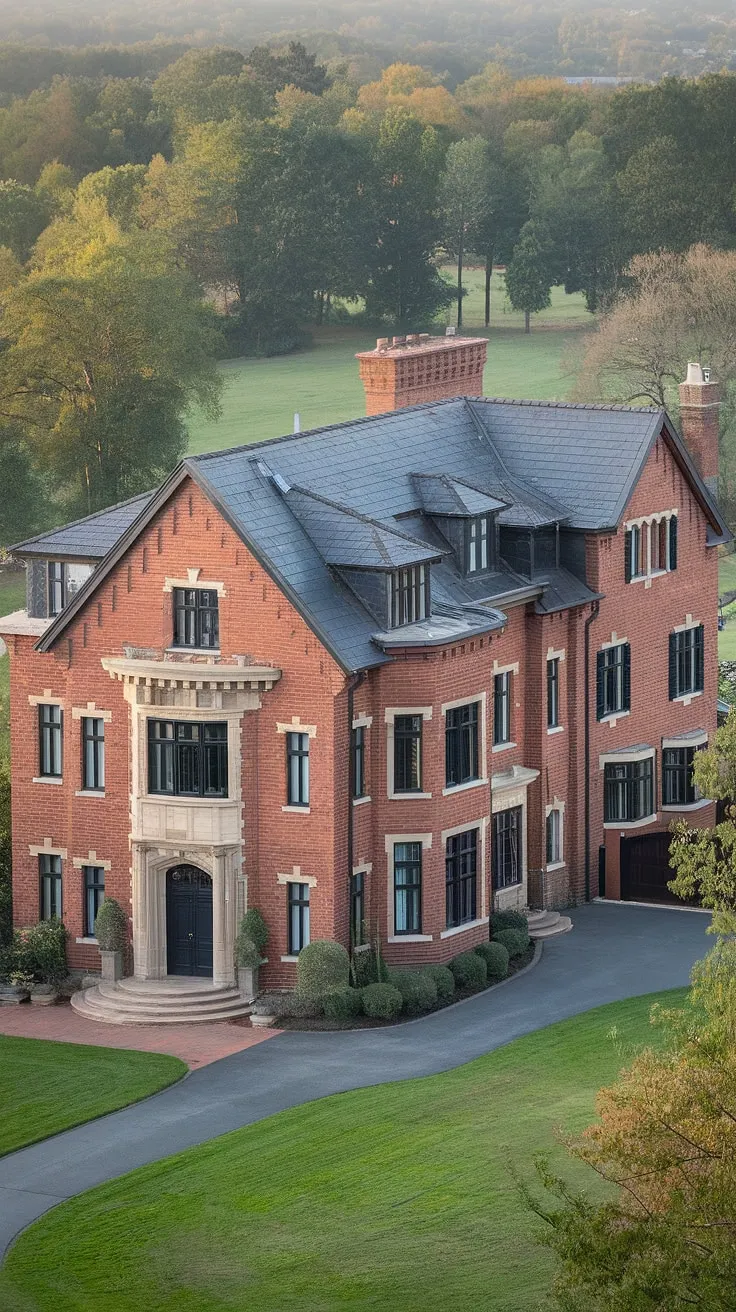 A grand red brick mansion exudes opulent serenity amidst verdant surroundings