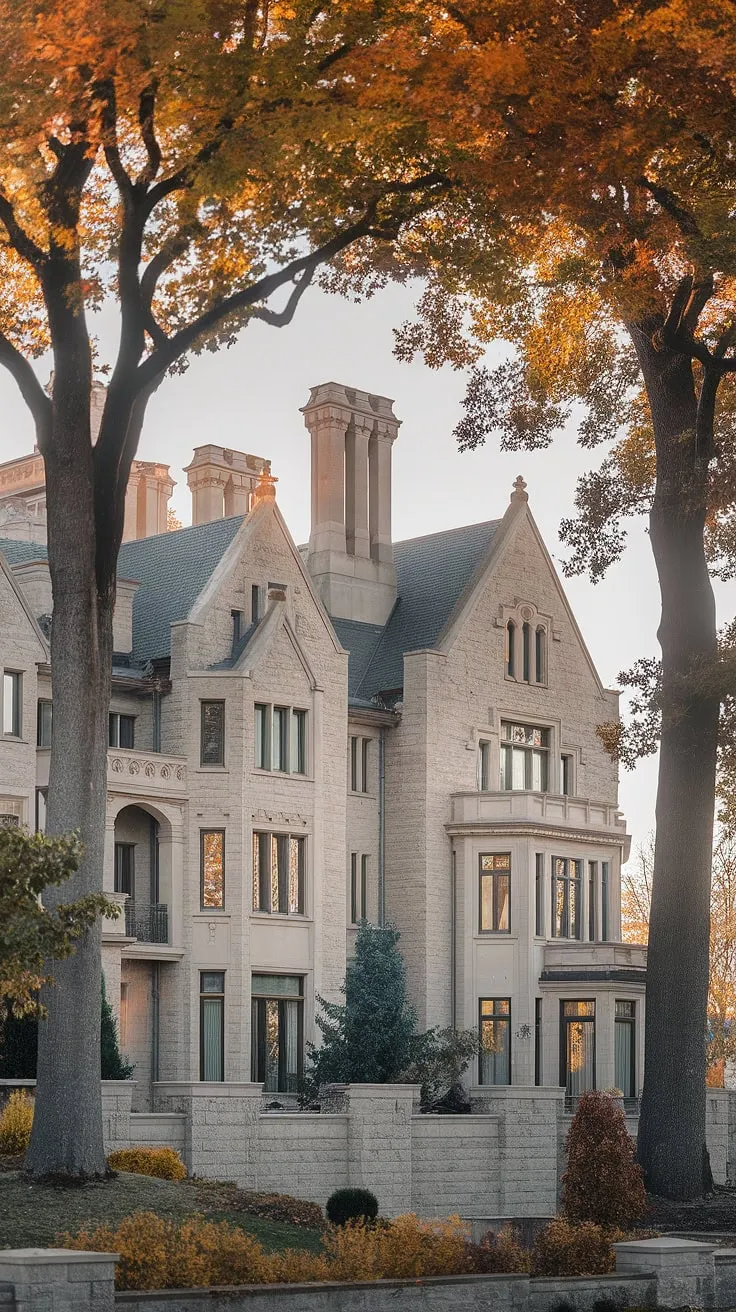 A sprawling stone mansion showcases diverse architectural styles against a backdrop of vibrant autumn foliage