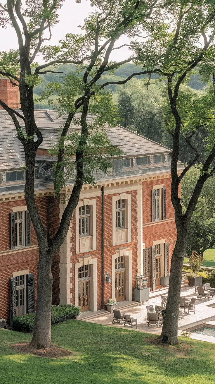Elegant red brick mansion commands a lush landscape.