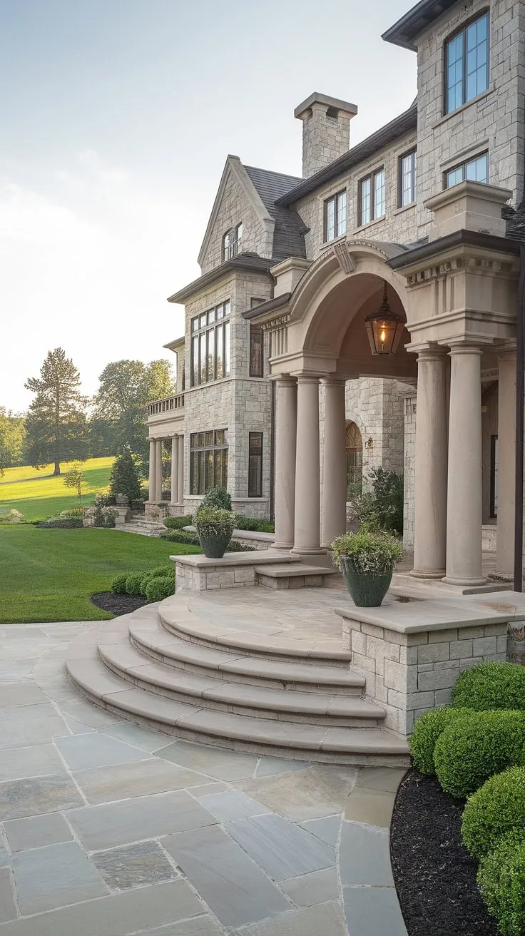 A majestic stone mansion boasts a lavish entrance, its pillars and archway leading to a pristine lawn.