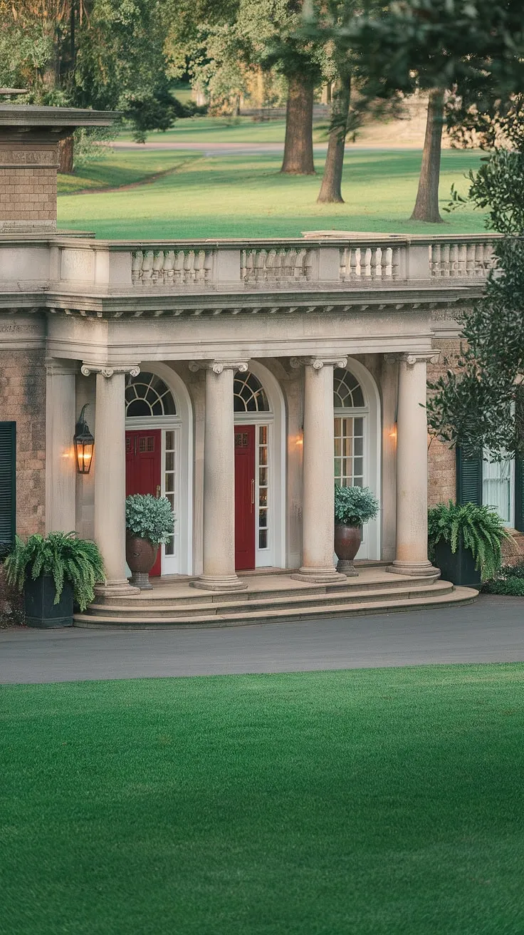 A grand red-doored mansion, flanked by white columns and lush greenery, exudes serene elegance.