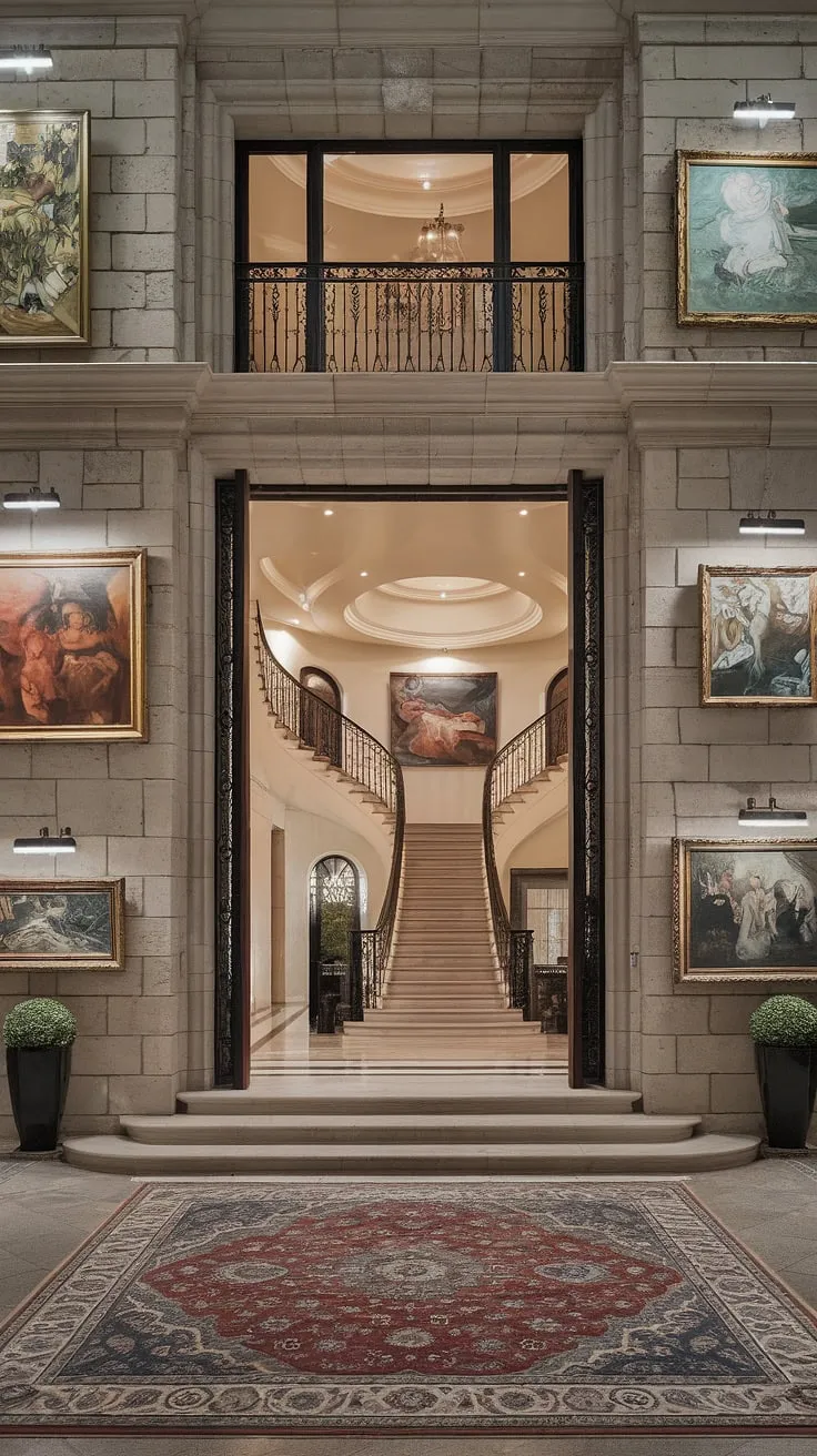 A grand stone mansion boasts a luxurious interior with a sweeping staircase, ornate paintings, and rich carpeting under bright lights.