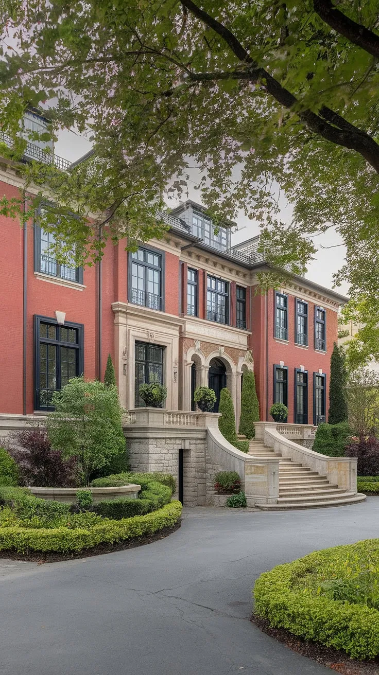 A stately red brick mansion commands attention with its impressive architecture and lush landscaping.