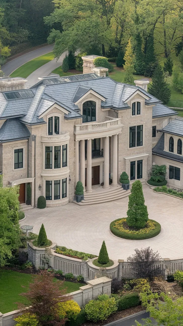 A grand stone mansion, complete with circular driveway, columns, and lush landscaping, stands proudly overlooking a road.