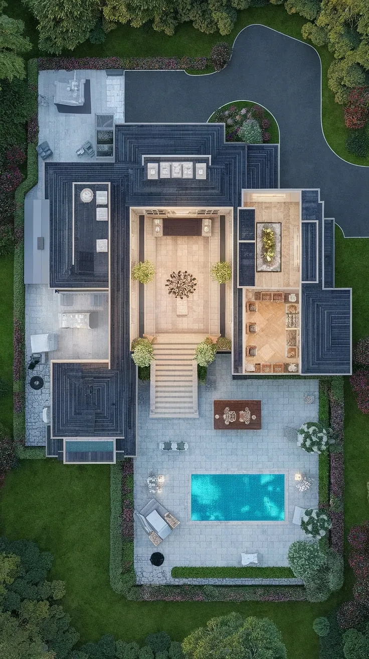 A dream home offers lavish living spaces and a stunning poolside retreat